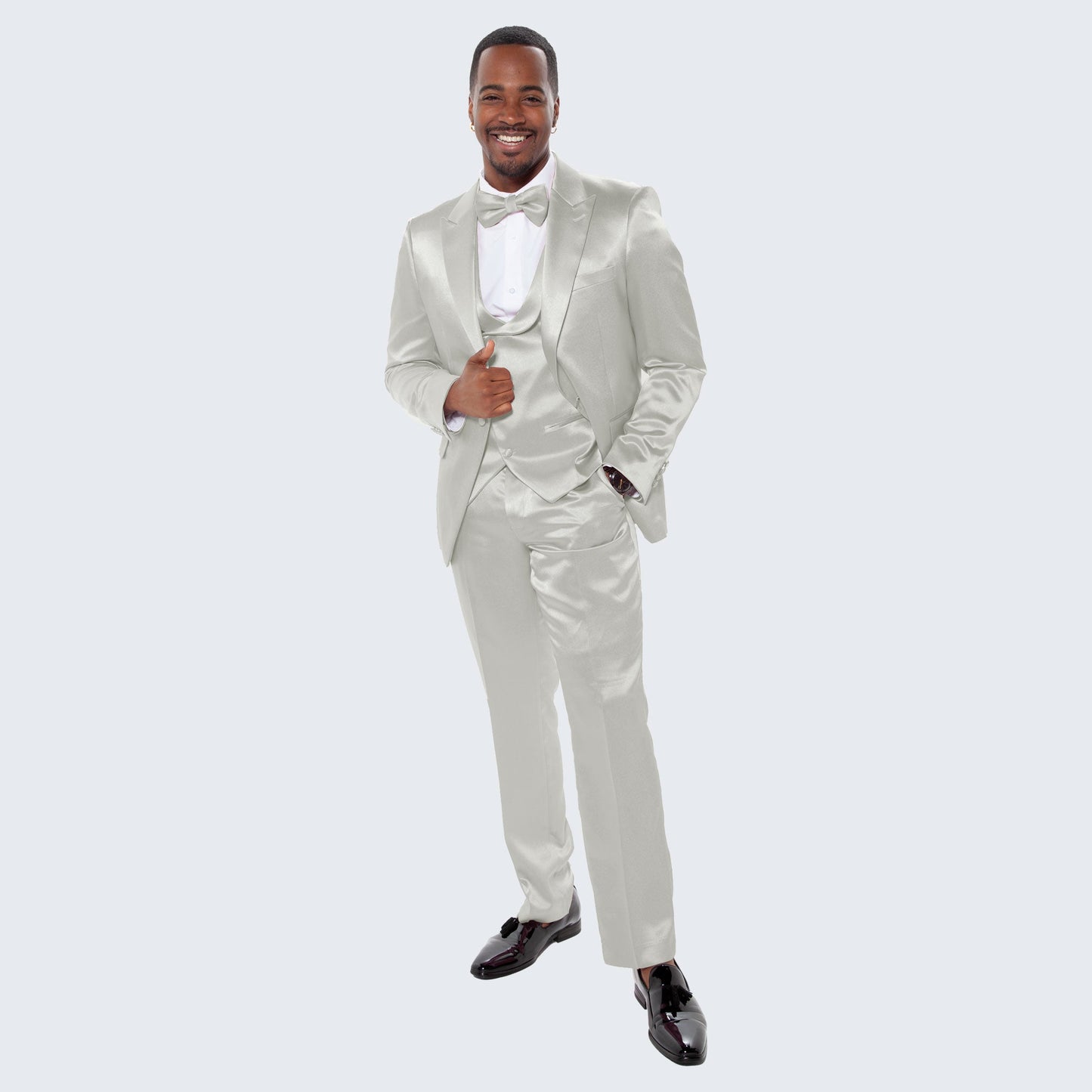 Silver Satin Tuxedo 4-Piece Set with Peak Lapel – Wedding & Prom