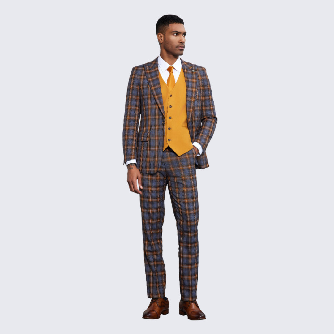 Men's Blue and Orange Plaid Suit Three Piece Set - Wedding - Prom