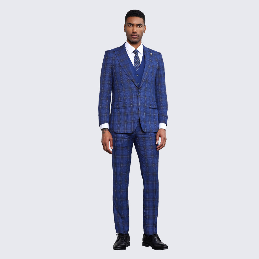 Men's Royal and White Plaid Suit Three Piece Set - Wedding - Prom