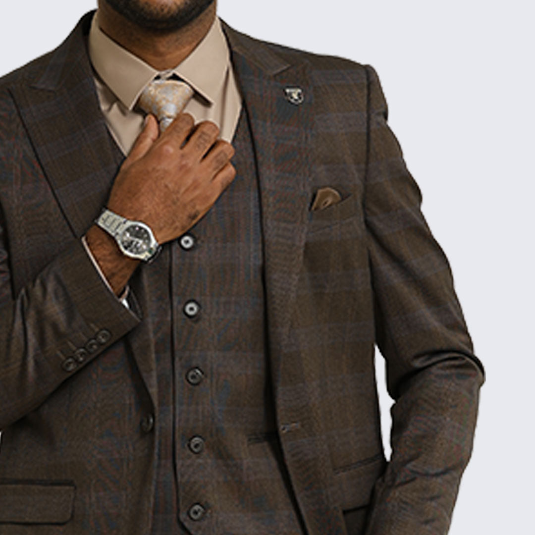 Brown Glen Check Three-Piece Suit with Peak Lapel – Wedding & Prom