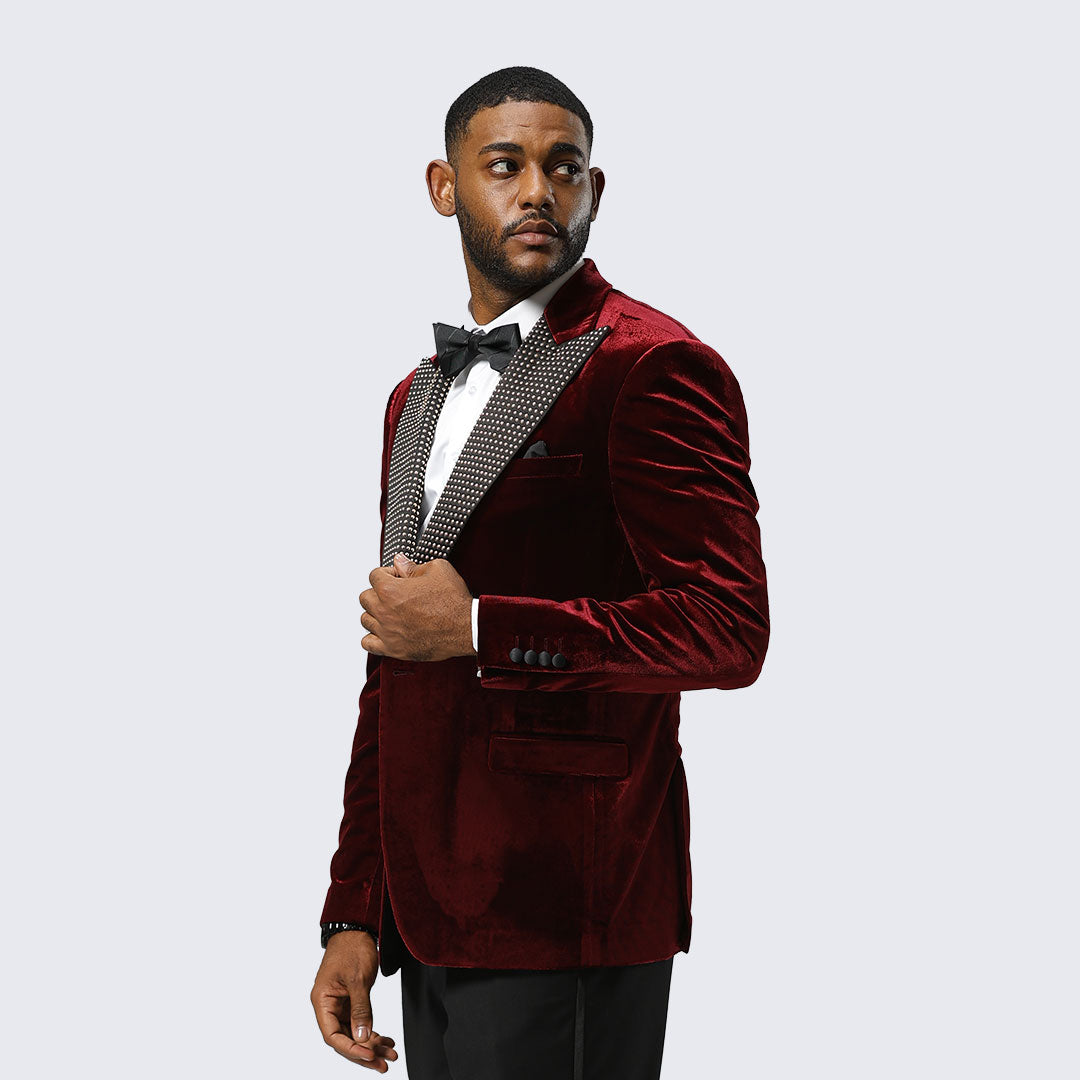 Burgundy Velvet Tuxedo Jacket with Rhinestone Peak Lapel – Wedding & Prom