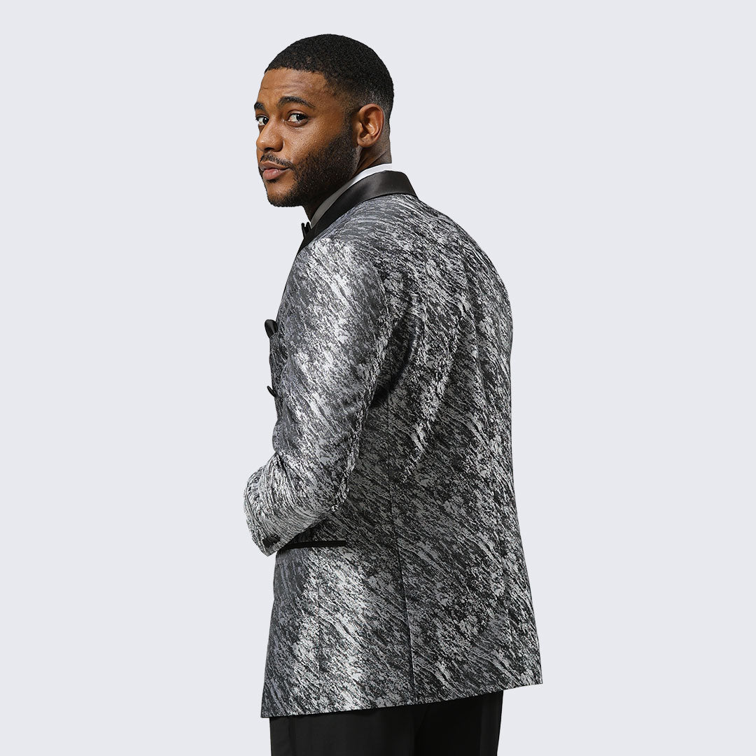 Grey Jacquard Double-Breasted Tuxedo Jacket with Black Satin Peak Lapel – Wedding & Prom
