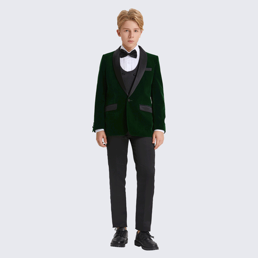 Boy's Green Tuxedo Velvet 5-Piece Set for Kids Teen Children - Wedding