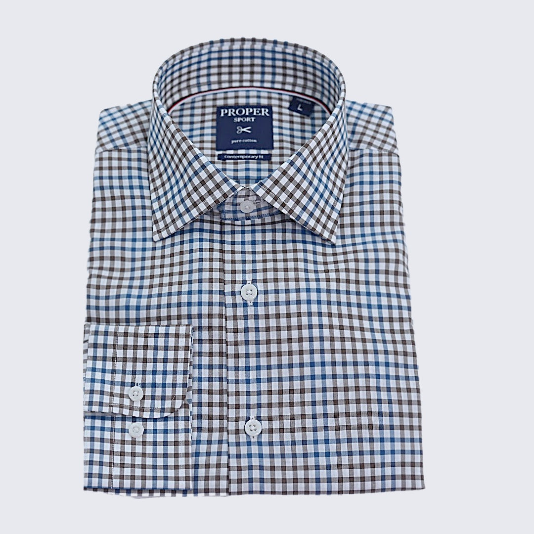 Men's Gingham Blue and Brown Contemporary Dress Shirt