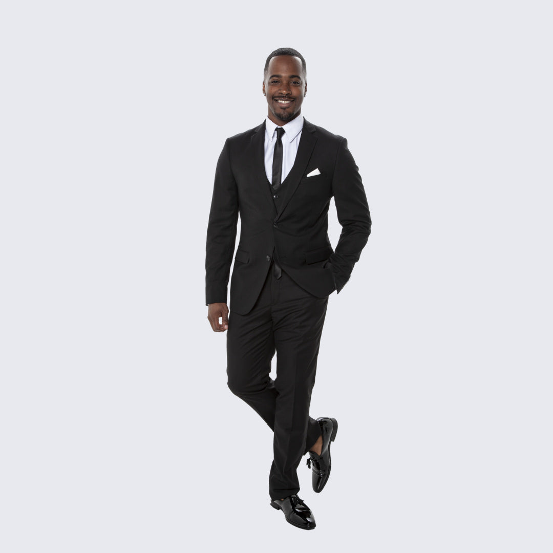 Black Skinny Fit 3-Piece Suit with Notch Lapel – Wedding & Prom