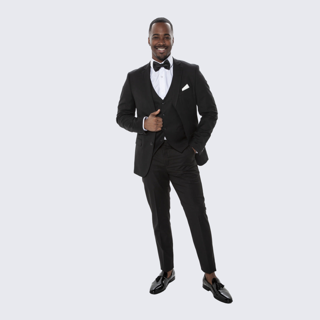 Black Skinny Fit 3-Piece Suit with Notch Lapel – Wedding & Prom