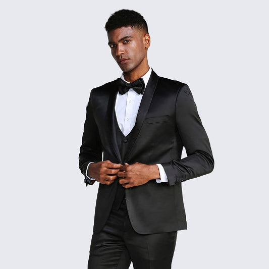 [DISCOUNTED] Black Slim Fit Tuxedo Fully Satin Four Piece Set - Limited Sizes