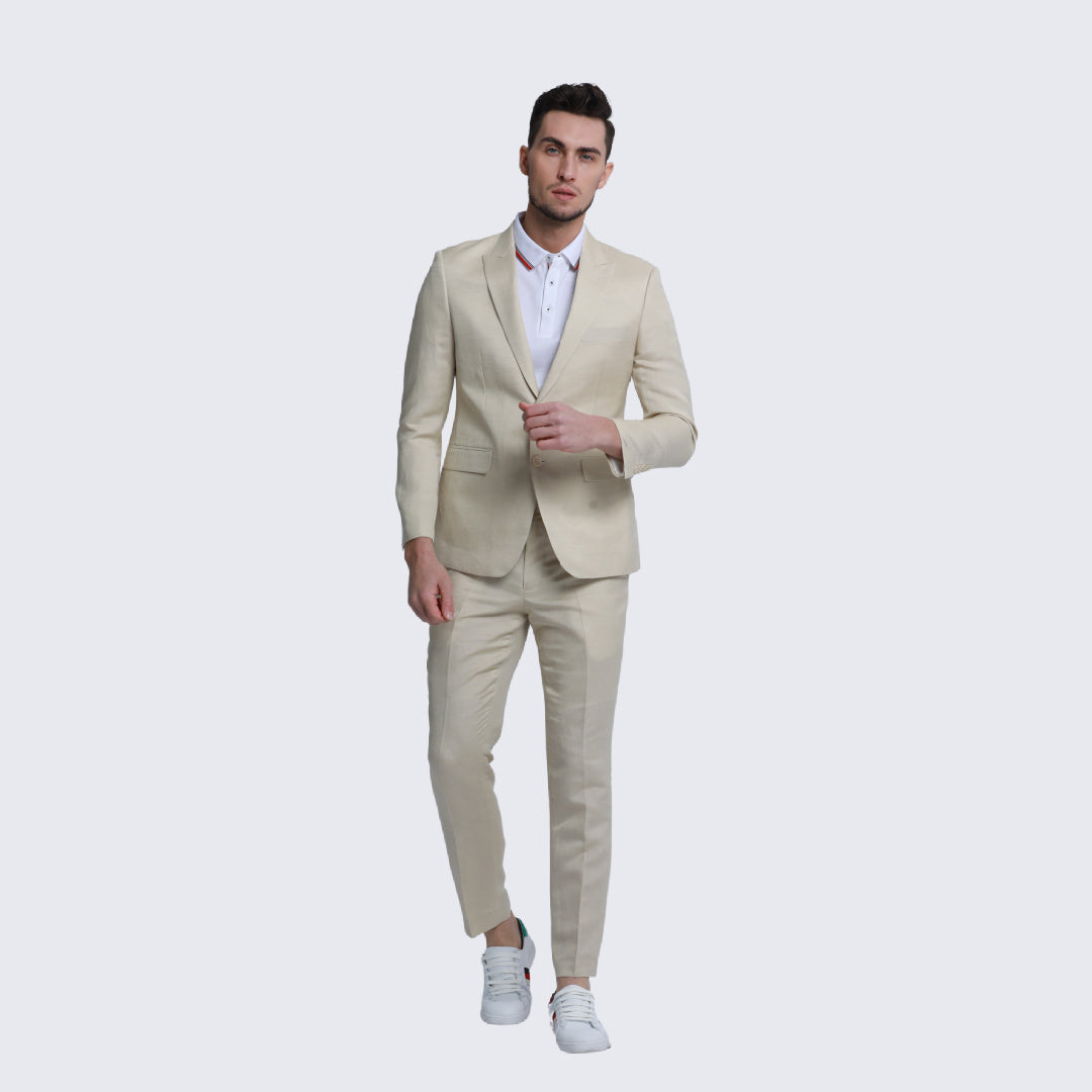 [DISCOUNTED] Tan Linen Suit Slim Fit Two Piece Set - Limited Sizes