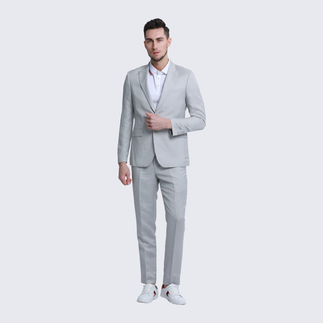 [DISCOUNTED] Light Grey Linen Suit Slim Fit Two Piece Set - Limited Sizes
