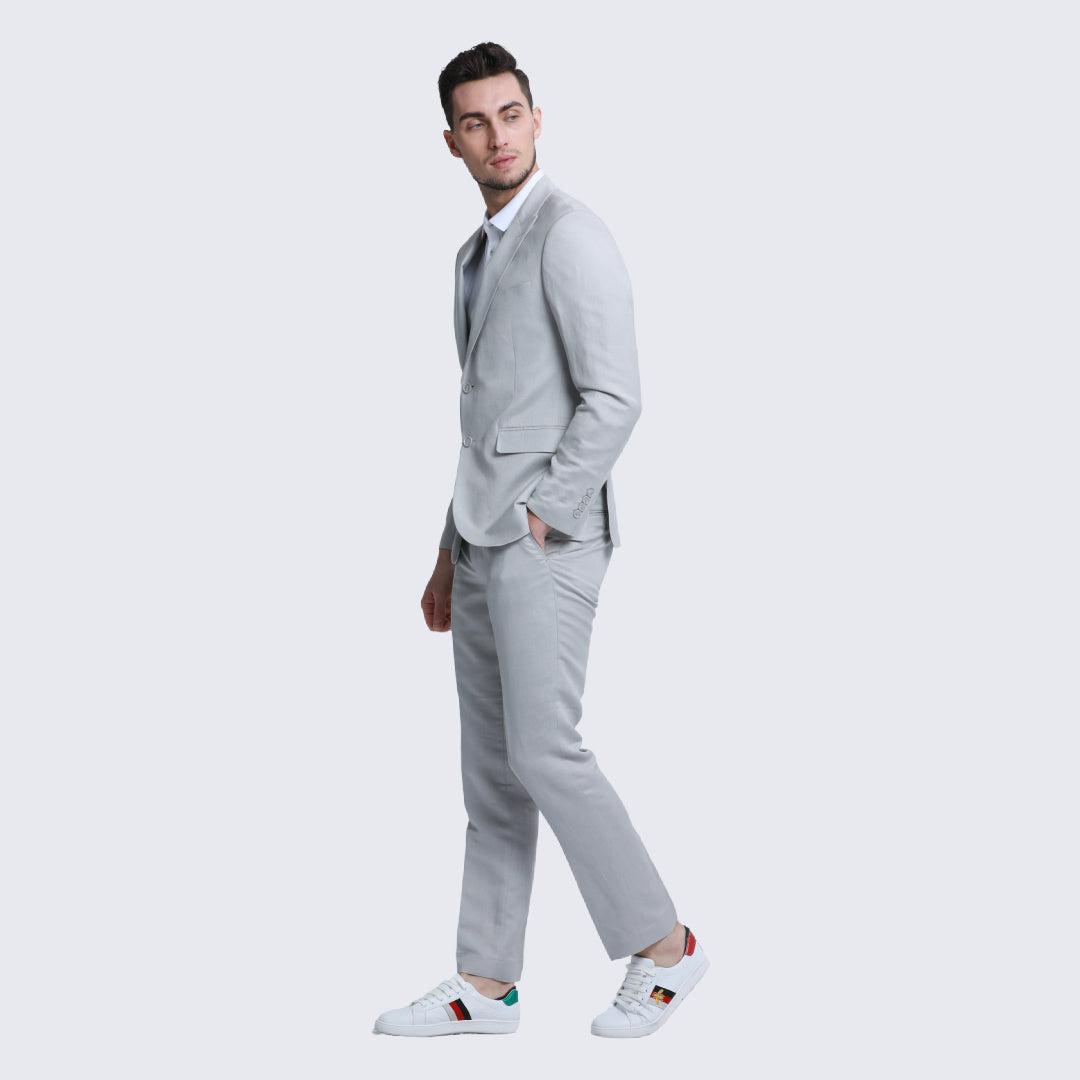 [DISCOUNTED] Light Grey Linen Suit Slim Fit Two Piece Set - Limited Sizes