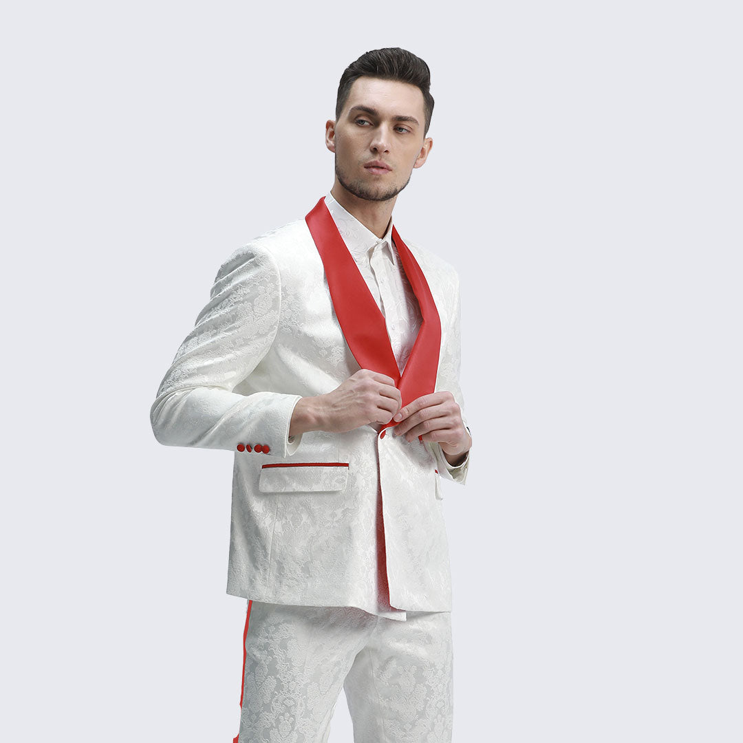 [DISCOUNTED] White And Red Tuxedo with Textured Paisley Design Two Piece Set - Limited Sizes