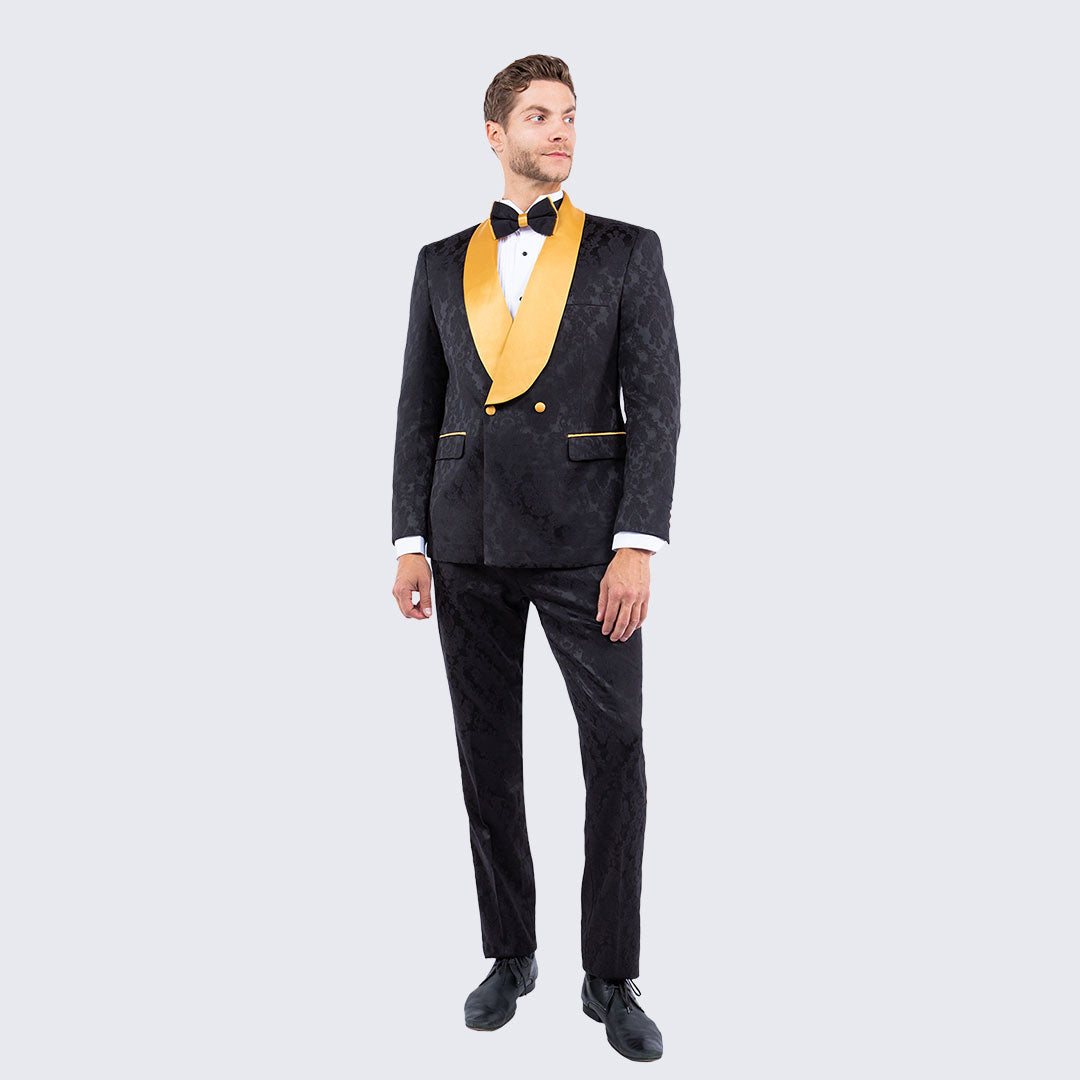 [DISCOUNTED] Black and Gold Tuxedo with Textured Paisley Design Two Piece Set - Limited Sizes