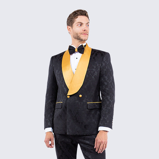 Black and Gold Tuxedo with Textured Paisley Design Two Piece Set - Wedding - Prom