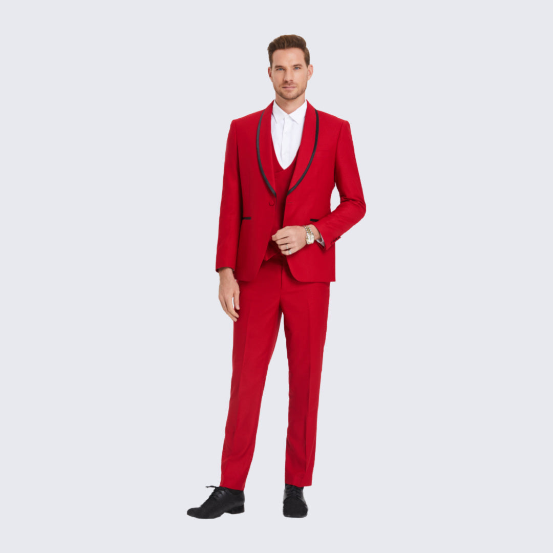 [DISCOUNTED] Red Textured Tuxedo with Satin Trim Four Piece Set - Limited Sizes