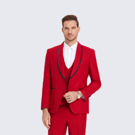 [DISCOUNTED] Red Textured Tuxedo with Satin Trim Four Piece Set - Limited Sizes
