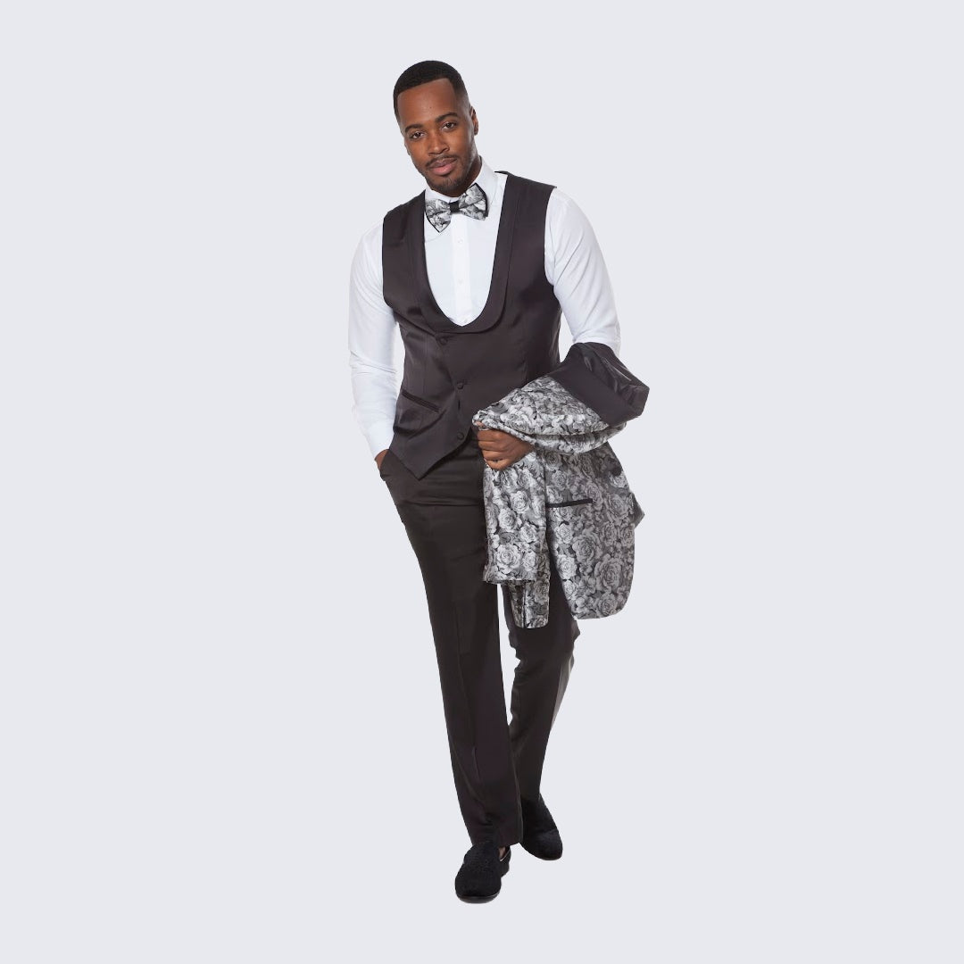 [DISCOUNTED] Silver Tuxedo with Floral Pattern Four Piece Set - Limited Sizes