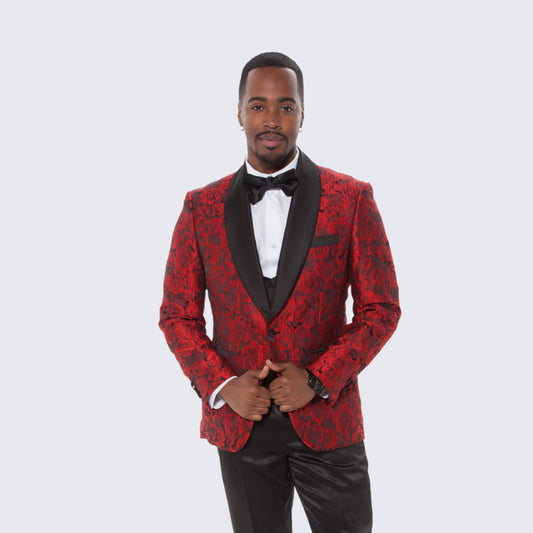 [DISCOUNTED] Red Tuxedo with Floral Design Four Piece Set - Limited Sizes