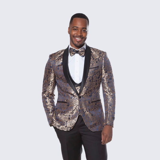 [DISCOUNTED] Blue Tuxedo with Gold Pattern Four Piece Set - Limited Sizes