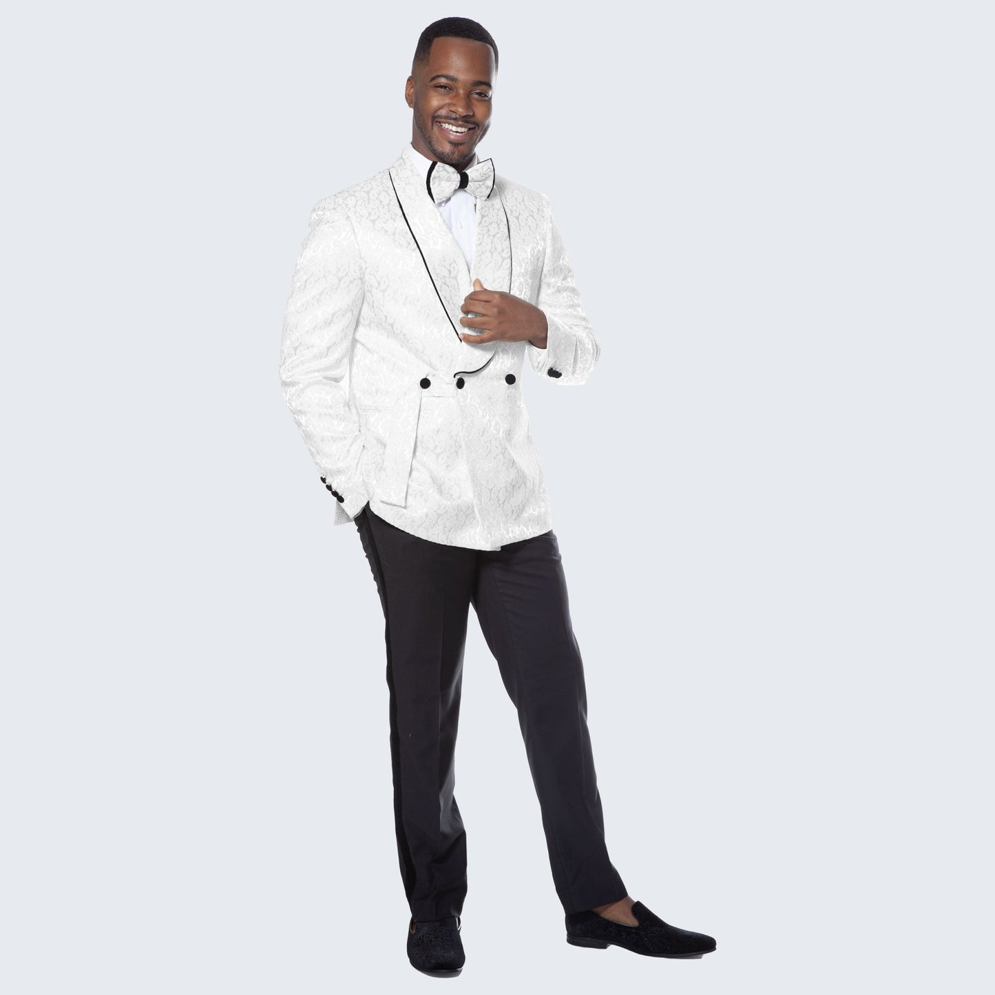 [DISCOUNTED] White Tuxedo with Textured Paisley Design Three Piece Set - Limited Sizes