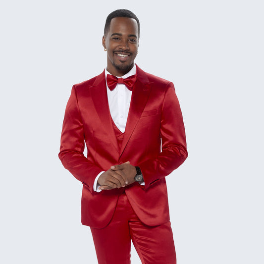 Burgundy Satin Tuxedo 4-Piece Set with Peak Lapel – Wedding & Prom