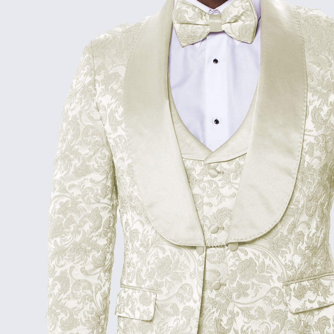 [DISCOUNTED] Men's Ivory Tuxedo with Floral Design Four Piece Set - Limited Sizes