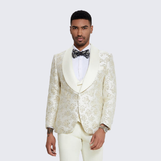 Men's Ivory and Gold Tuxedo with Textured Floral Design- Wedding - Prom