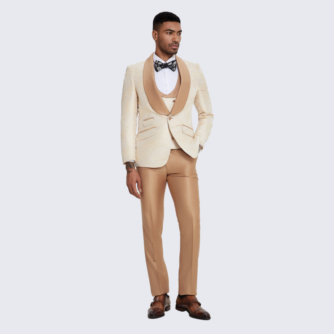 Ivory Two-Tone Tuxedo with Tan Shawl Lapel – Wedding & Prom