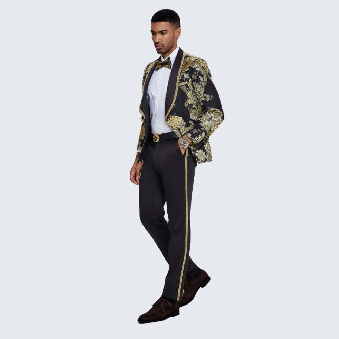 Men's Black Tuxedo with Gold Textured Paisley Design- Wedding - Prom