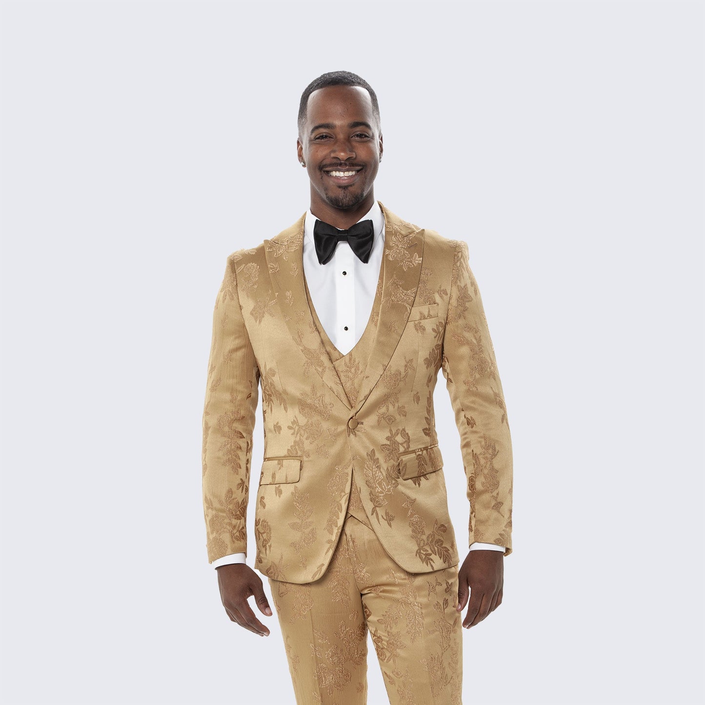 Gold Floral Jacquard Satin Tuxedo with Peak Lapel – Wedding & Prom
