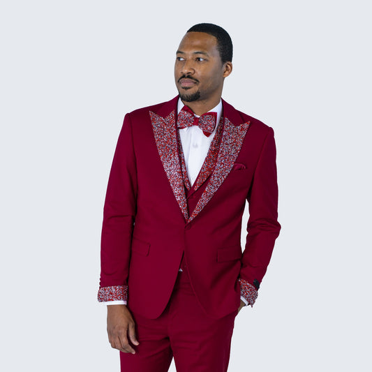 Burgundy Peak Lapel Tuxedo with Stones – 4 Piece Set