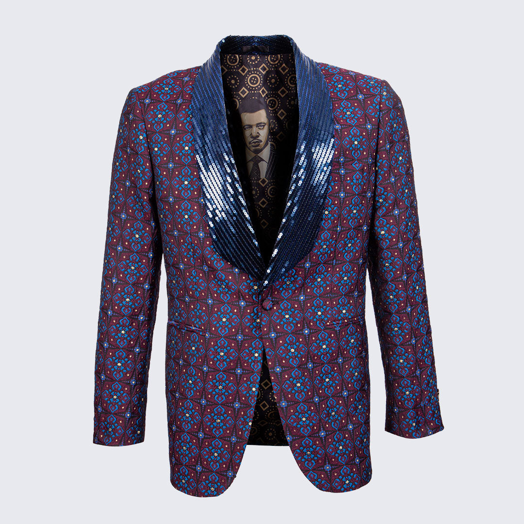 Navy and Burgundy Tuxedo Jacket with Sequin Shawl Lapel  - Wedding - Prom