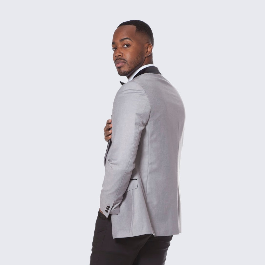 [DISCOUNTED] Grey Tuxedo Jacket with Black Satin Shawl Lapel Slim Fit - Limited Sizes