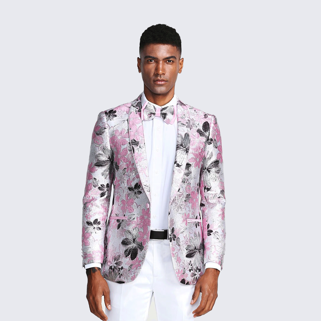 [DISCOUNTED] Pink Black and Silver Floral Tuxedo Jacket Slim Fit - Limited Sizes