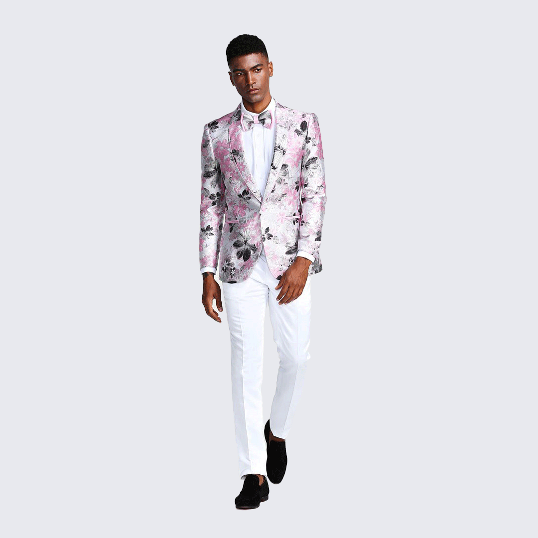 [DISCOUNTED] Pink Black and Silver Floral Tuxedo Jacket Slim Fit - Limited Sizes