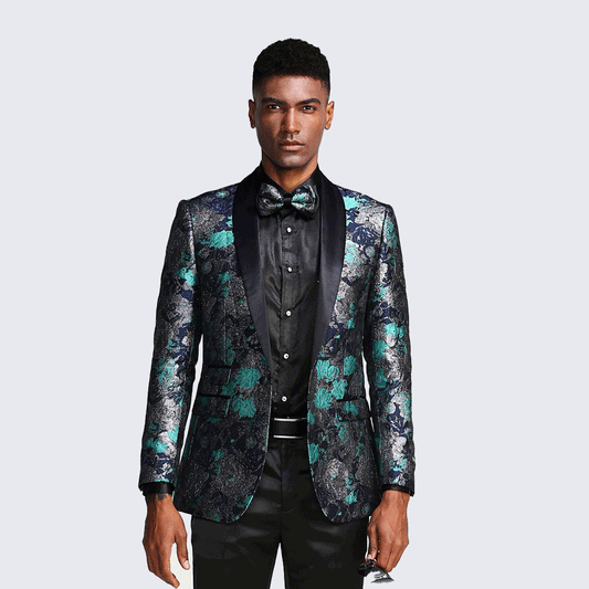 [DISCOUNTED] Turquoise Tuxedo Jacket Floral Pattern Slim Fit - Limited Sizes