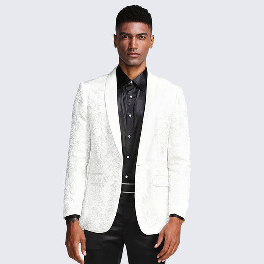[DISCOUNTED] White Tuxedo Jacket Paisley Pattern Slim Fit - Limited Sizes