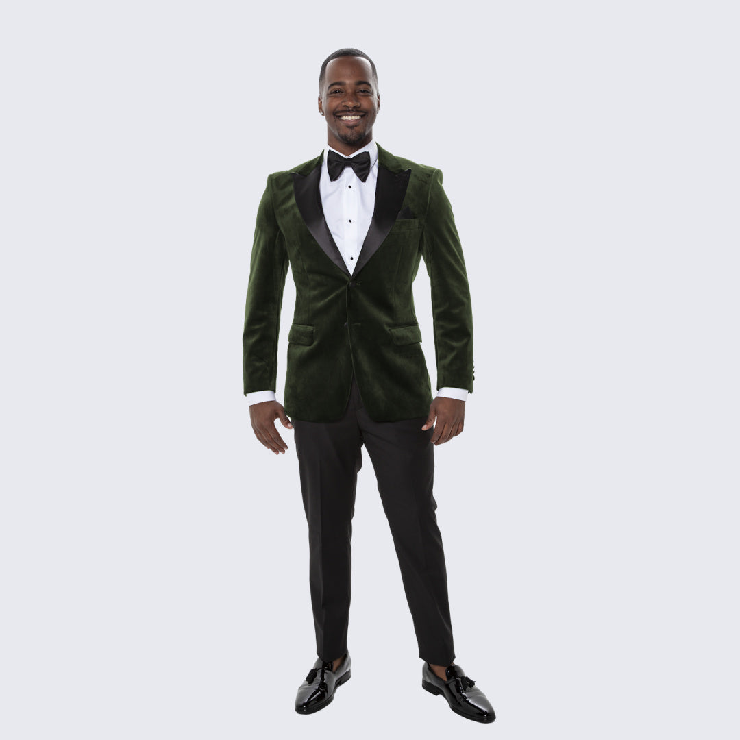 Olive Velvet Tuxedo Jacket with Large Peak Lapel - Wedding - Prom