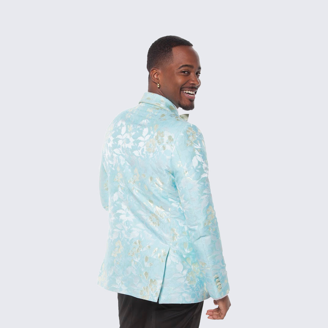 [DISCOUNTED] Mint and Yellow Floral Design Tuxedo Jacket Slim Fit - Limited Sizes