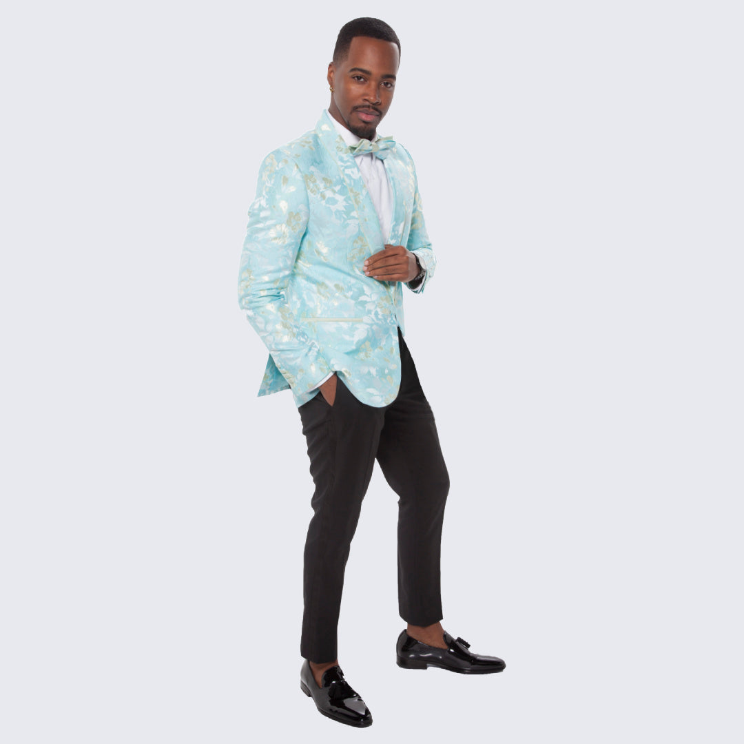 [DISCOUNTED] Mint and Yellow Floral Design Tuxedo Jacket Slim Fit - Limited Sizes