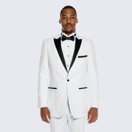 [DISCOUNTED] White Tuxedo with Black Peak Lapel Slim Fit - Limited Sizes