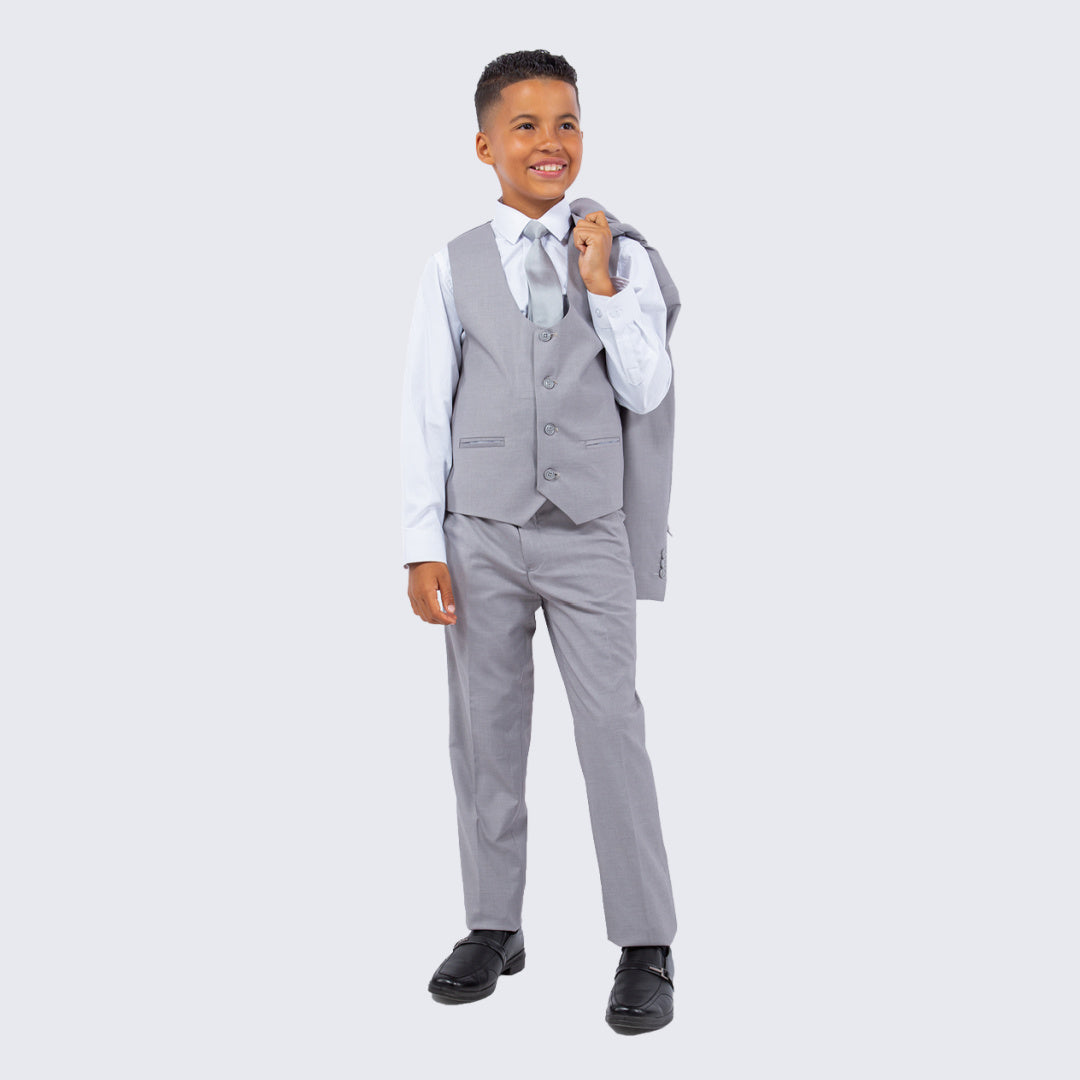 Boys Light Gray 5-Piece Suit Set – Slim Fit Wedding & Ring Bearer