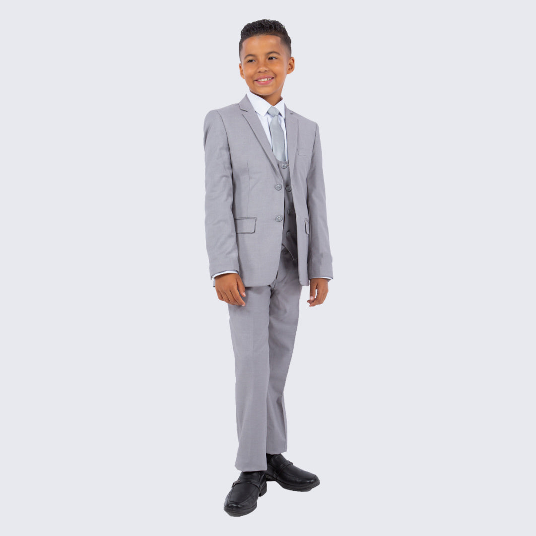 Boys Light Gray 5-Piece Suit Set – Slim Fit Wedding & Ring Bearer