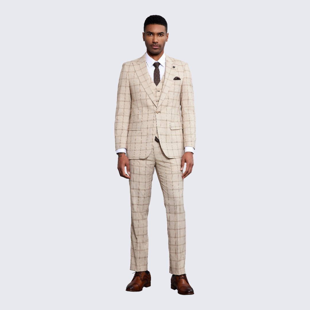 Men's Beige Windowpane Suit Three Piece Set- Wedding - Prom