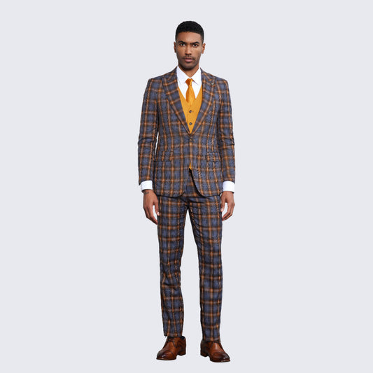 Men's Blue and Orange Plaid Suit Three Piece Set - Wedding - Prom