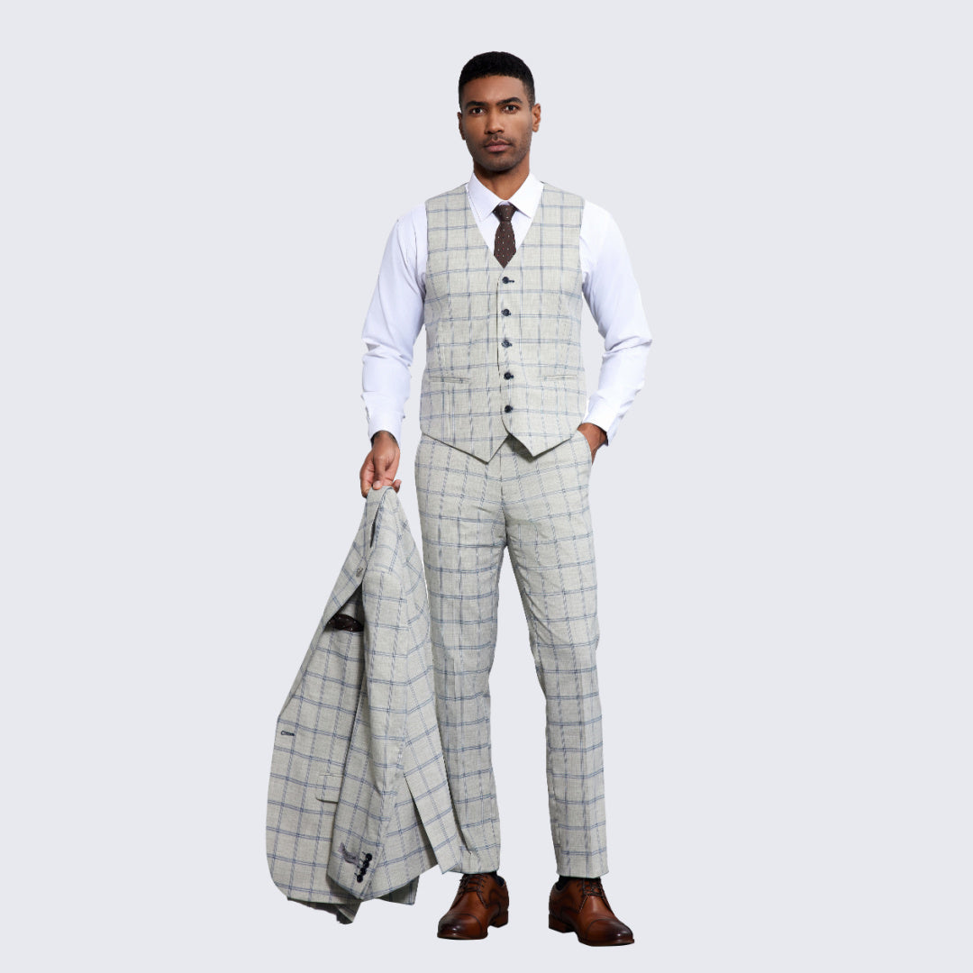 Men's Grey Windowpane Suit Three Piece Set - Wedding - Prom