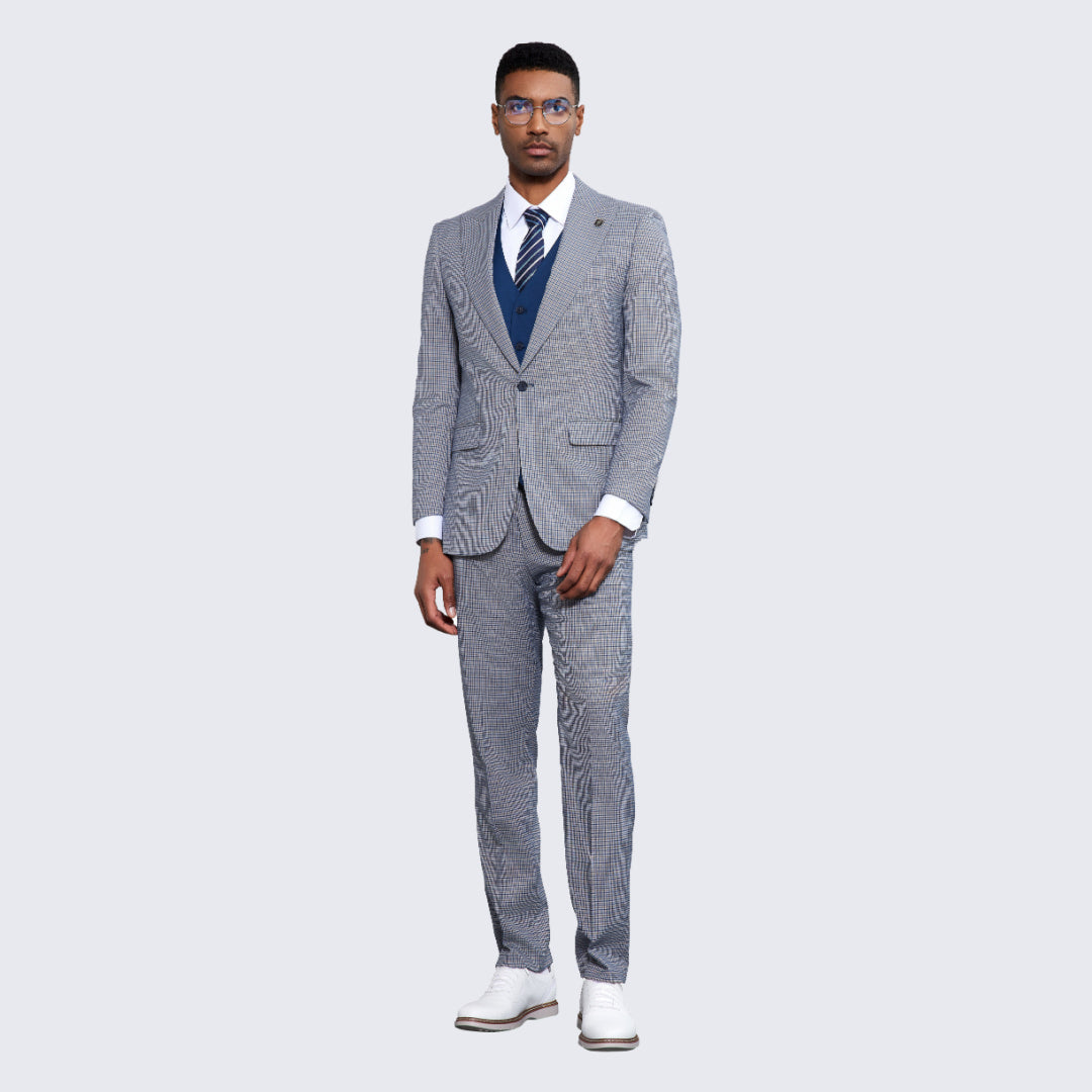 Men's Blue and Grey Glen Plaid Suit Three Piece Set - Wedding - Prom