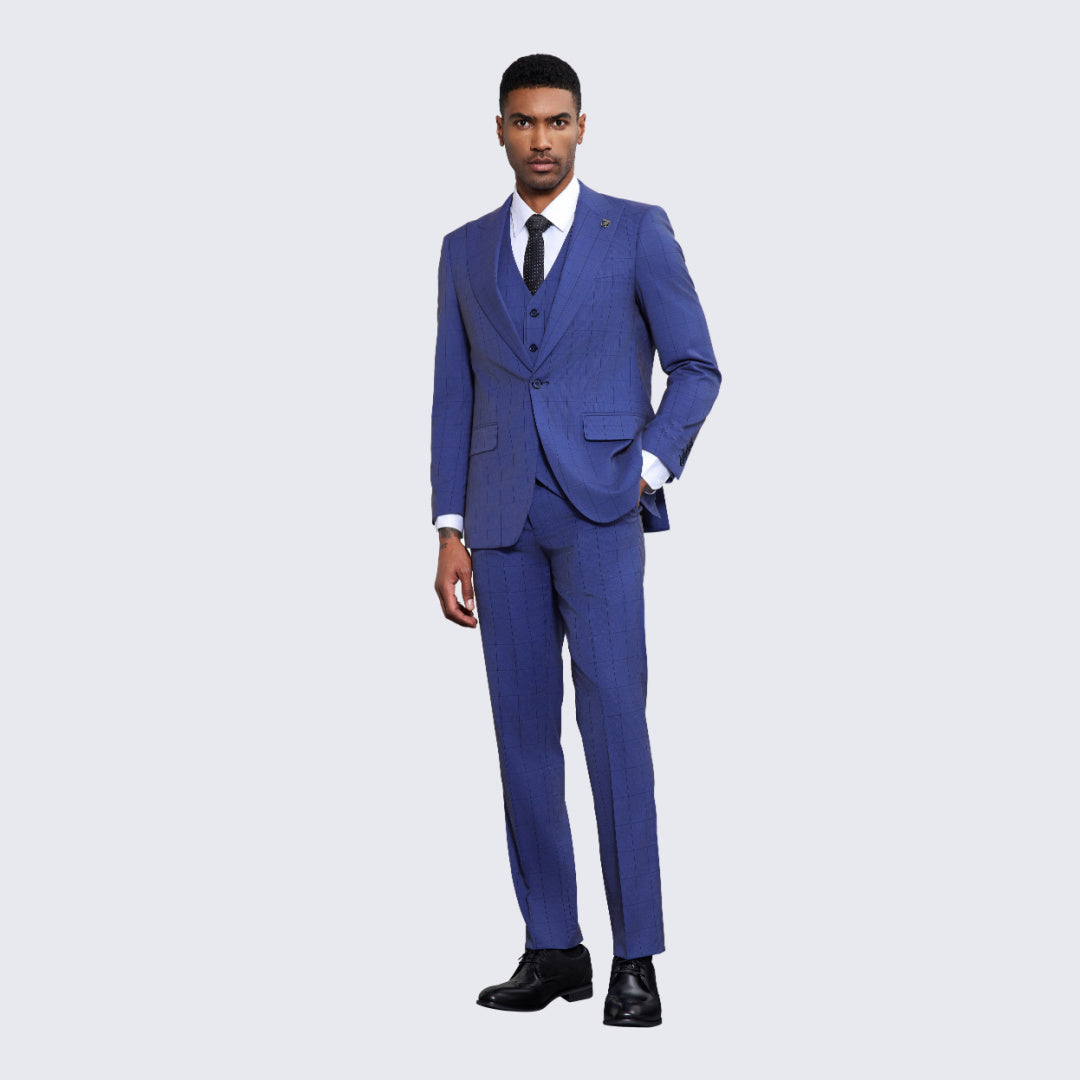 Men's Blue Windowpane Suit Three Piece Set- Wedding - Prom