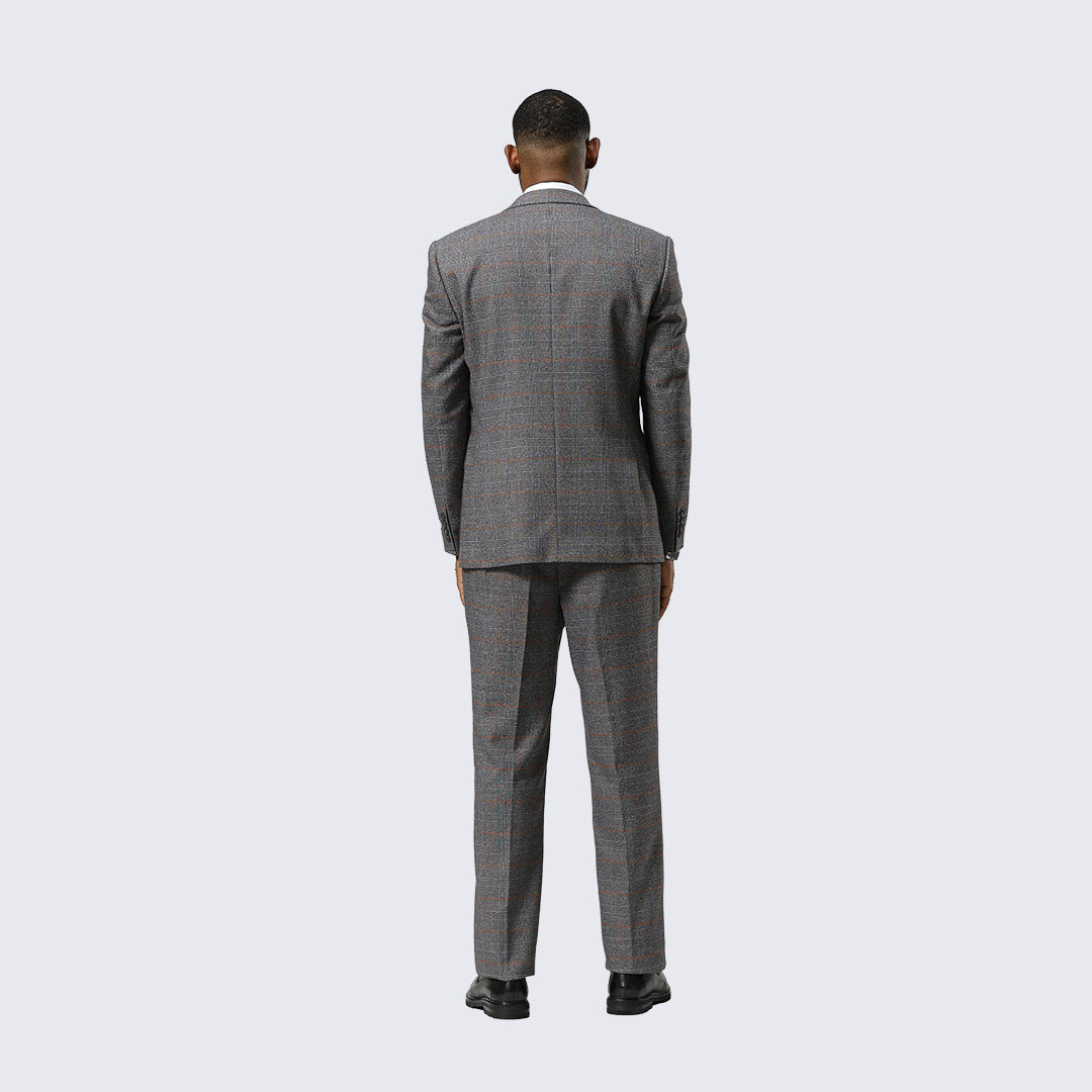 Grey Windowpane Three-Piece Suit with Peak Lapel – Wedding & Prom