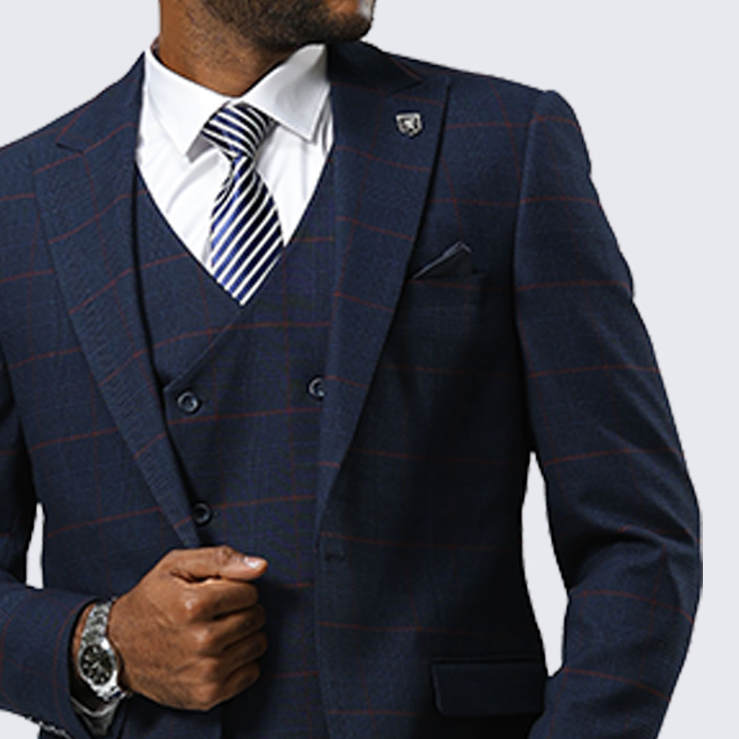 Navy Windowpane Three-Piece Suit with Peak Lapel – Wedding & Prom