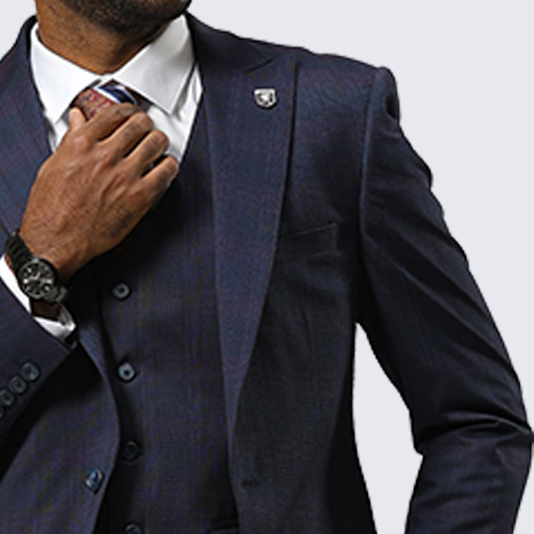 Navy Glen Check Three-Piece Suit with Peak Lapel – Wedding & Prom